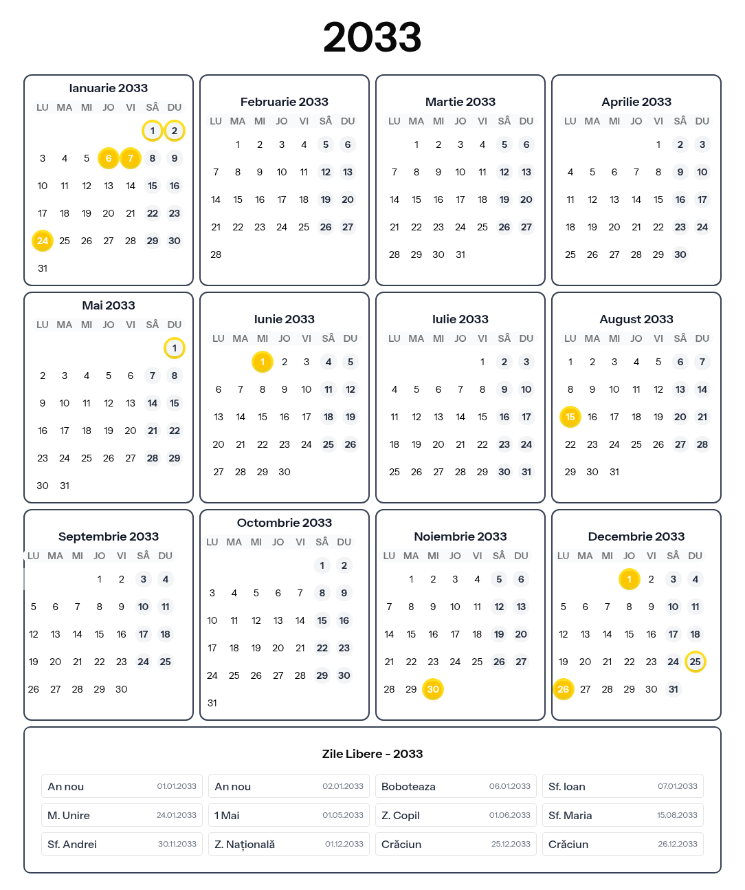 Calendar 2033 cu toate zilele libere