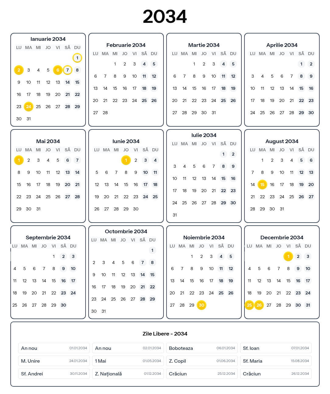 Calendar 2034 cu toate zilele libere